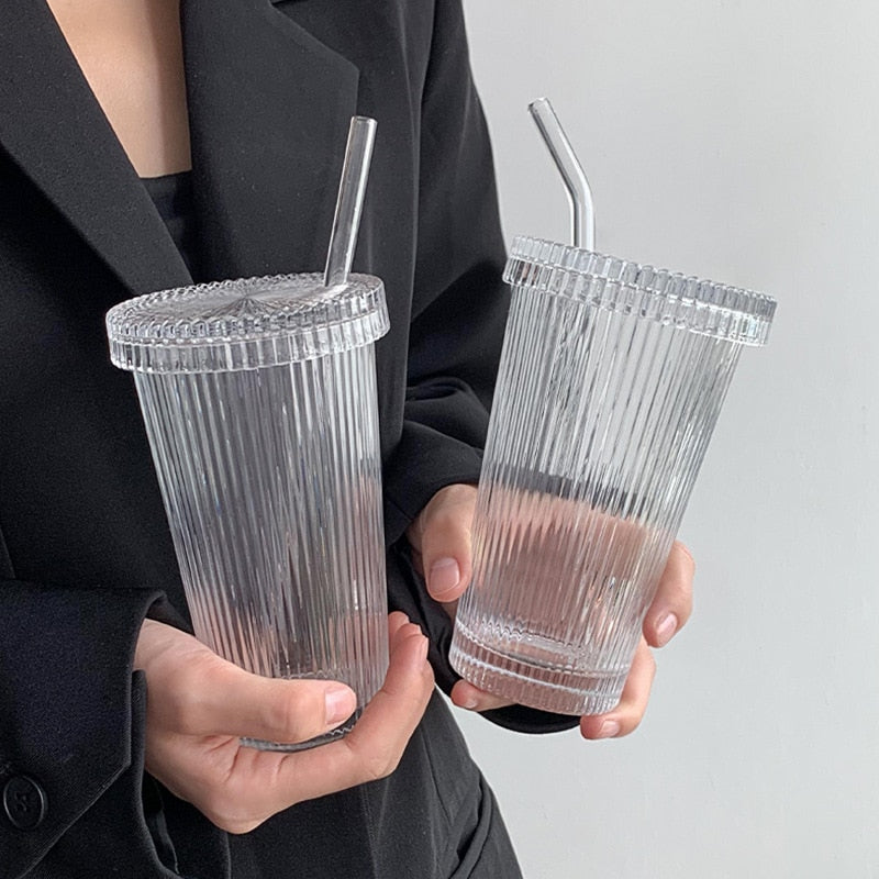 375ml Striped Glass Cup With Lid and Straw