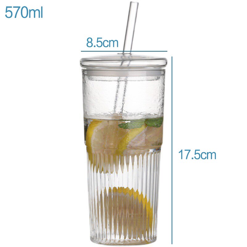 570ml Transparent Glass Cup with Lid and Straw