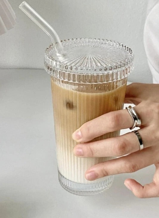 375ml Striped Glass Cup With Lid and Straw