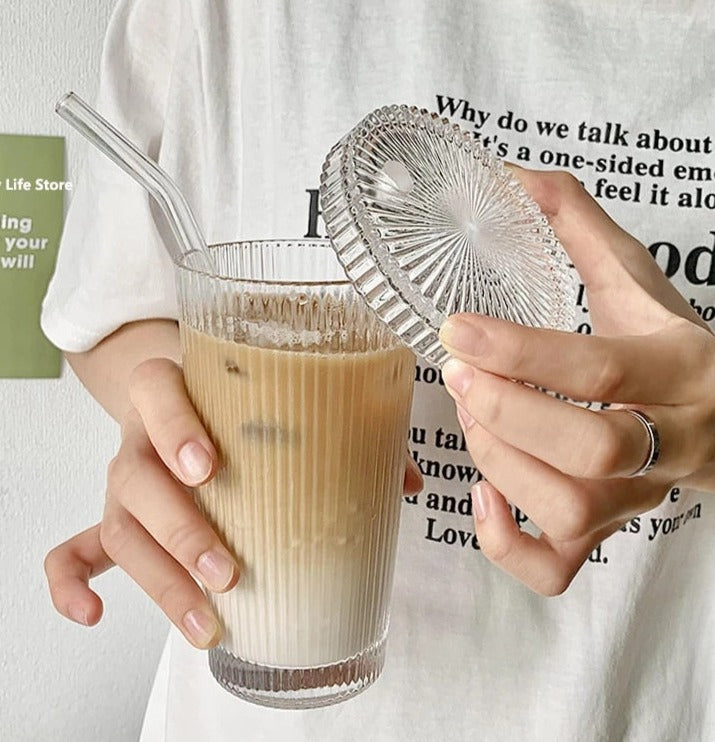 375ml Striped Glass Cup With Lid and Straw